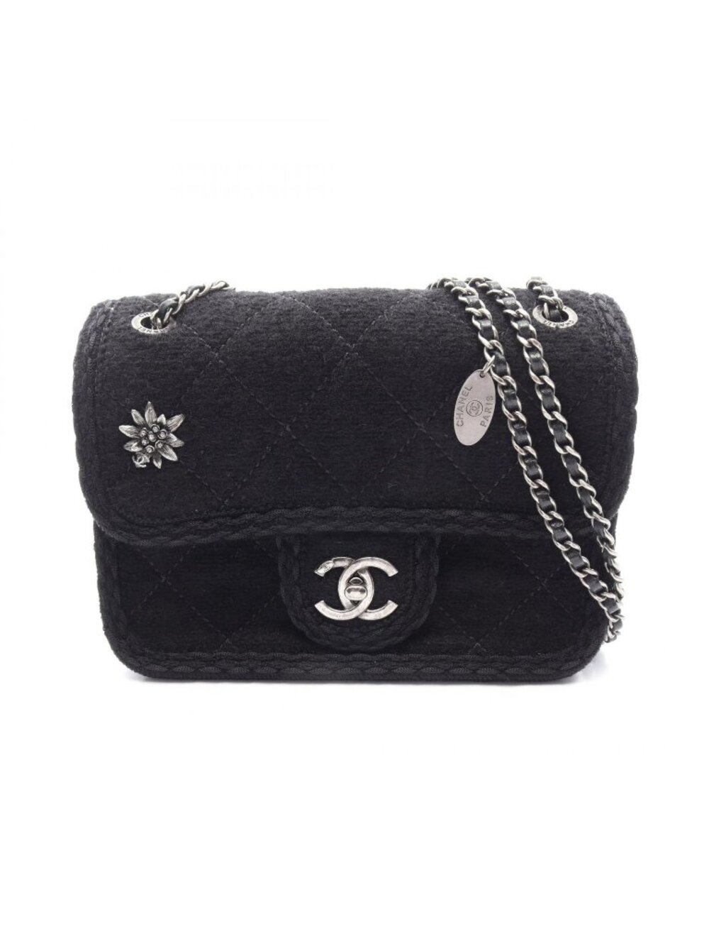 Chanel Shoulder Bag Quilted Edelweiss Black Wool Chain